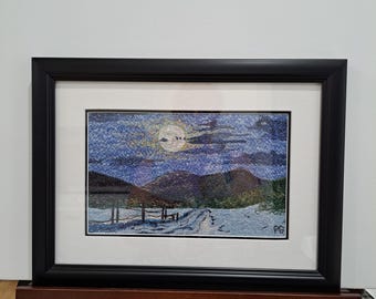 Thread Painted Winter Moon Scene: Framed Linen Art