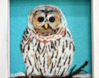 Wool Felt Barred Owl  Felted Painting on Linen Owl Art Nature Birds  Painting  Framed Ready To Hang Small Fiber Art Apartment Art Animal