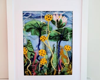 Wool Painting: Underwater Lily Pads - Needle Felted Fiber Art  Water Lilys Pond Lilys