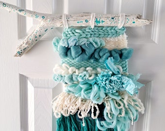 Weaving Cream Teal Aqua Fiber Art Beach Wall Hanging Roving Texture Yarn Silk Ribbon Gauze Hand Painted Drift Wood Ocean Colors Graffiti