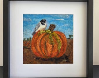 Chickadee on a Pumpkin Wool Painting