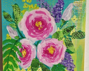 Spring Garden Mixed Media Wall Art Floral Small Art Reafy to Hang Mom's Day