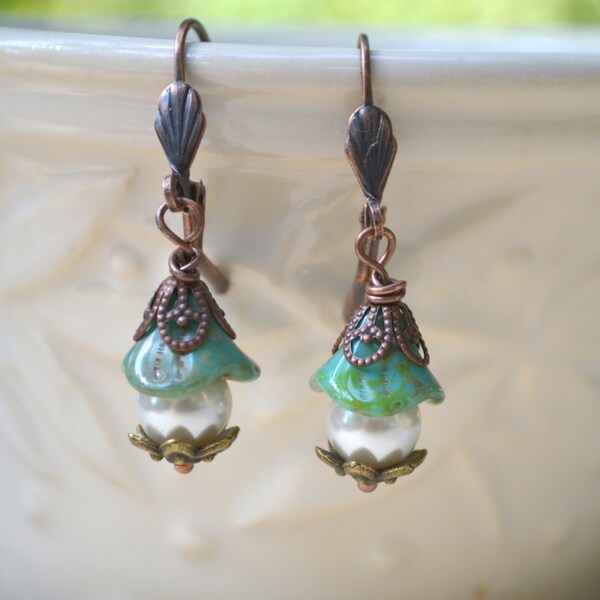 REDUCED -Vintage Style Earrings - Pearl Czech Glass Flower - Rustic Earrings- Dangle Earrings - Antique Brass - PeeGee Jewelry- Shabby Chic