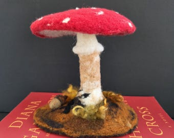 Needle Felt Mushroom 3 D Red Mushroom on Forest Floor Sculpture
