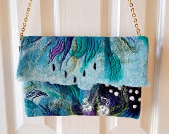 Wool Felted Clutch: Abstract Blue Art Bag, Rose Gold Chain