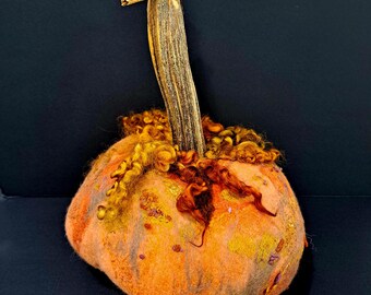 Wet Felted Wool Pumpkin: Fall Fiber Art Decor with Real Stem