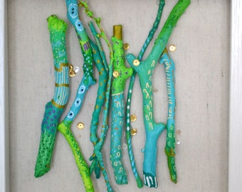 Painted Stick Art Assemblage: Mermaid Driftwood, Framed 3D Nature Painting