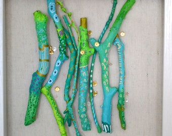 Painted Sticks Assemblage Tribal Woodland 3D Art Mixed Media Nature Painting Framed Mermaid Ocean Lime Teal Aqua White Black Art Marks OOAK