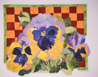 Pansy Art Quilt: Thread Painted Fabric Collage Wall Art (21x18 inches)