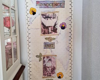 Vintage Photo Collage Quilt, Hand-Dyed Velvet, Victorian Children, 43.5x20.5"