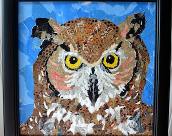 Framed Owl Collage Painted Torn Paper Wildlife Mixed Media Original Pam George Acrylic Affordable Art