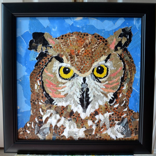 Framed Owl Collage Painted Torn Paper Wildlife Mixed Media Original Pam George Acrylic Affordable Art