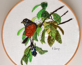 Robins  Needlefelt In Hoop Fiber Art  Textile Wool Art Nature Ready To Hang Animals Bird Lover  Wool Linen Pam George