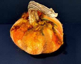 Wet Felted Wool Pumpkin: Fall Fiber Art Decor with Real Stem