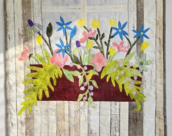 Small Art Quilt: Spring Flowers Window Box Garden Shed Wall Hanging