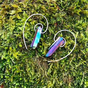 Fibonacci Spiral Earrings with Sterling Silver & Rainbow Aura Quartz Crystal Points