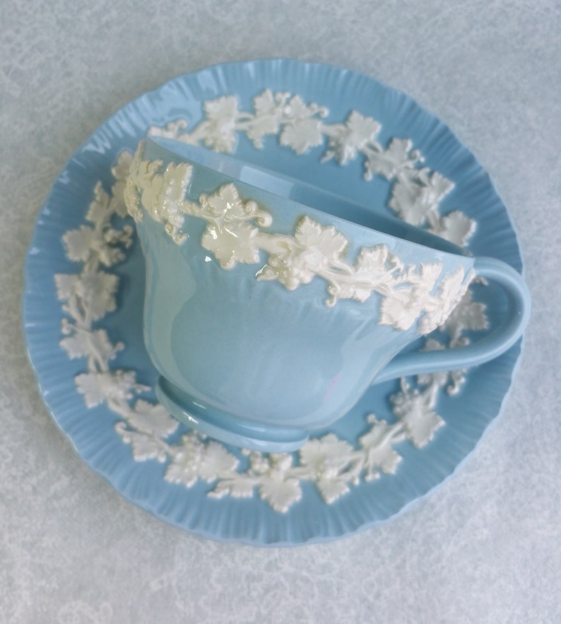 WEDGEWOOD Vintage Tea Cup and Saucer/ Embossed Queensware/ Etsy