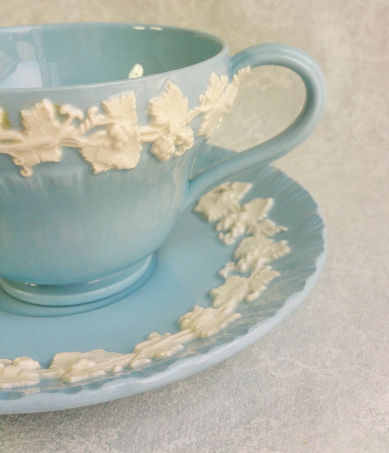 WEDGEWOOD Vintage Tea Cup and Saucer/ Embossed Queensware/ Etsy