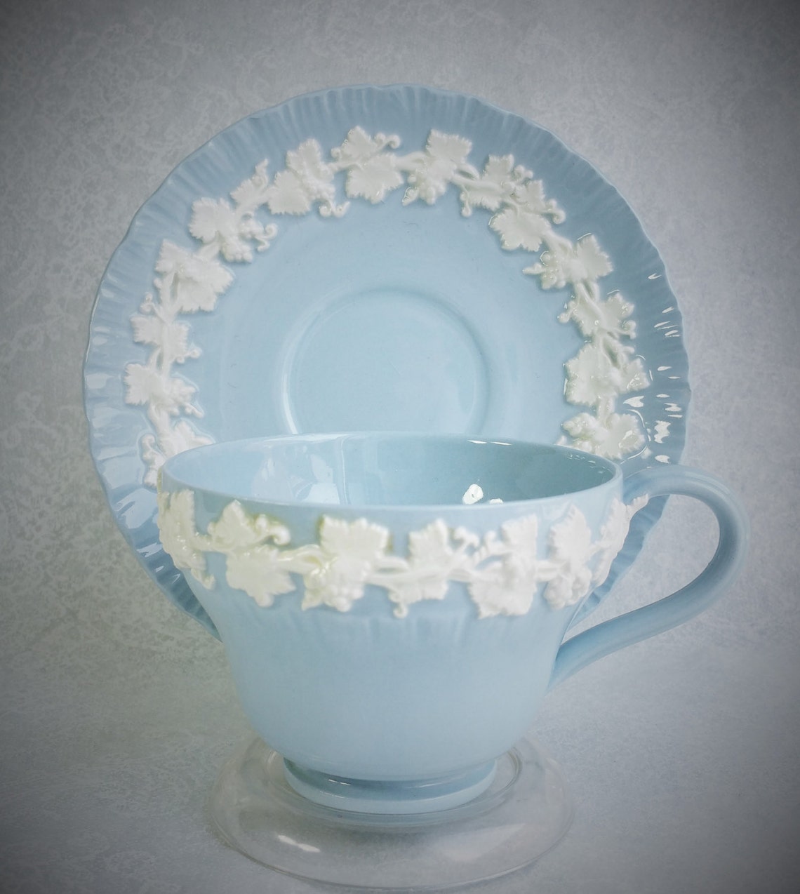 WEDGEWOOD Vintage Tea Cup and Saucer/ Embossed Queensware/ Etsy