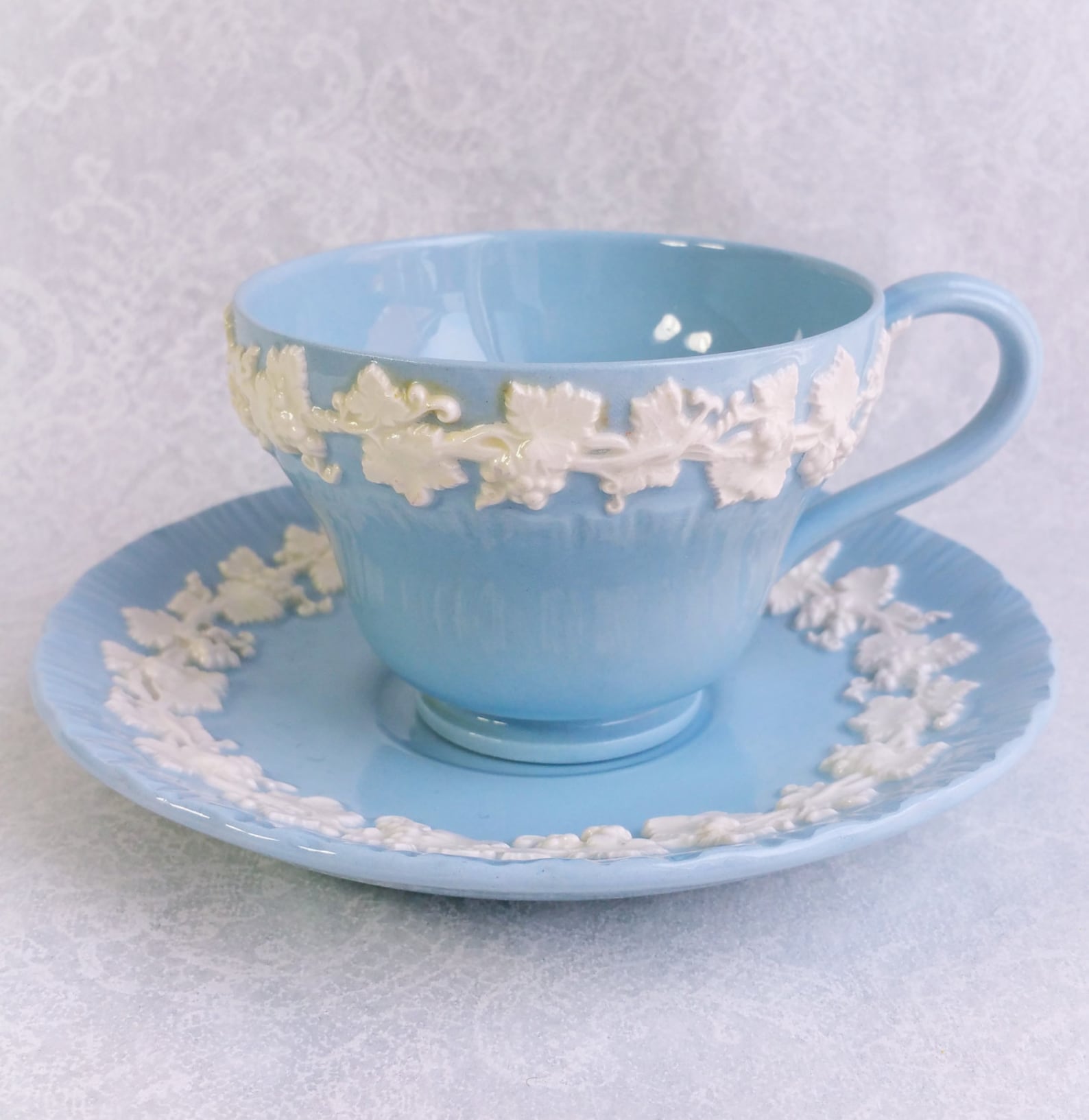 WEDGEWOOD Vintage Tea Cup and Saucer/ Embossed Queensware/ Etsy