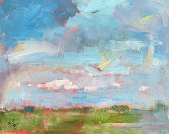 May include: An oil painting on canvas depicting a landscape with a vast sky filled with thick, expressive brushstrokes in shades of light blue, grey, and soft pink. Below, a green field is rendered with textured strokes and hints of red.