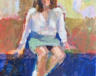 May include: An oil painting on canvas depicting a figure with brown hair wearing a white long-sleeved top and a light green skirt. The figure is seated against a background of abstract blocks of red, blue, yellow, and light green paint strokes.
