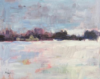 May include: An oil painting on canvas depicting a landscape with a vast, light-colored foreground field in shades of white, pale blue, and soft pink. A dark, silhouetted tree line sits in the middle ground under a cloudy, textured sky of blue and gray.