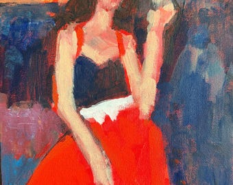 May include: An oil painting on canvas depicting a figure with dark hair wearing a dark blue top and a vibrant red skirt. The composition features expressive, visible brushstrokes in shades of orange, deep blue, and purple, creating a textured surface.