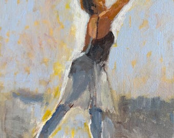 May include: An oil painting on canvas depicting a figure in a dark bodice and light skirt with one arm extended upward. The composition uses loose, impressionistic brushstrokes in shades of blue, white, yellow, and brown to create a sense of motion.