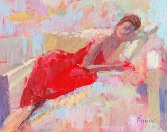 May include: An oil painting on canvas depicting a figure reclining on a surface, wearing a vibrant red dress. The artwork uses loose, expressive brushstrokes in shades of pink, lavender, yellow, and white to create a soft, textured background.