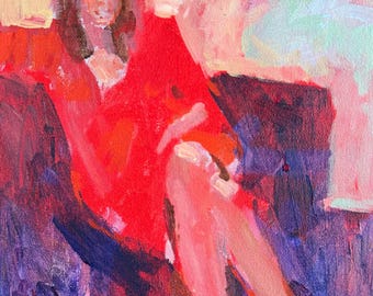 May include: An oil painting on canvas depicting a person with shoulder-length brown hair wearing a bright red garment. The figure is seated against a dark purple and black background with abstract brushstrokes in shades of pink, yellow, and white.