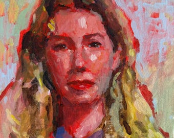 May include: An oil painting portrait of a person with long wavy hair, rendered in expressive brushstrokes of red, pink, yellow, and blue. The subject faces forward with a neutral expression, set against a textured, multi-colored abstract background.