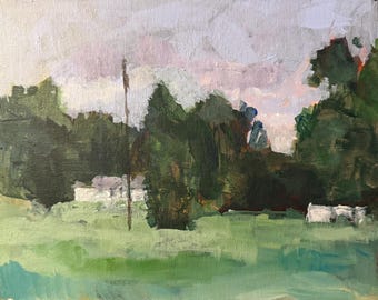 May include: An oil painting on canvas depicting a landscape with a green grassy field in the foreground, dark green trees in the mid-ground, and a pale, cloudy sky above. A thin vertical brown line represents a pole in the center.