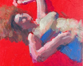May include: An oil painting on canvas featuring a figure with curly brown hair lying against a vibrant red background. The figure wears a blue garment and is depicted with expressive, visible brushstrokes in shades of white, pink, and blue.