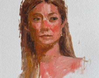 May include: An oil painting on canvas depicting a portrait of a person with long brown hair. The subject has a neutral expression, rendered with visible brushstrokes in shades of brown, peach, and pink against a plain white background.