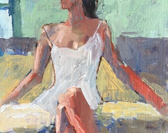 May include: An oil painting on canvas depicting a figure in a white camisole top sitting against a light green wall. The figure has dark hair pulled back and is positioned on a yellow surface. The artist's signature is visible in the bottom left corner.