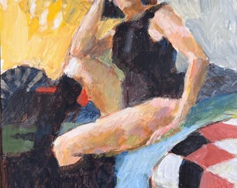 May include: An oil painting on canvas depicting a figure in a black garment sitting with one hand raised to their head. The composition features a large yellow fan, a red and white checkered pattern, and visible brushstrokes in a palette of yellow, black, red, and blue.