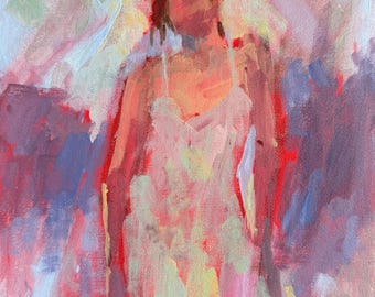 May include: An oil painting on canvas depicting a figure wearing a light-colored dress with thin straps. The artwork features expressive, visible brushstrokes in shades of red, pink, purple, yellow, and white, creating an abstract, textured appearance.
