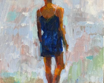 May include: An oil painting on canvas depicting a figure viewed from behind, wearing a dark blue dress with thin straps. The figure has dark hair in a bun. The background is composed of loose, textured brushstrokes in shades of white, blue, and green.