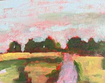 May include: An oil painting on canvas depicting a landscape with a pink sky, dark green trees, and a yellow field. A path in shades of light purple and pink leads through the center of the field. The brushstrokes are visible and textured throughout.