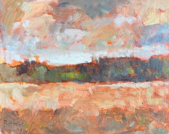 May include: An oil painting on canvas depicting a landscape with a textured foreground in shades of orange and brown, a dark green treeline in the middle ground, and a sky filled with loose, expressive brushstrokes of white, gray, and peach.