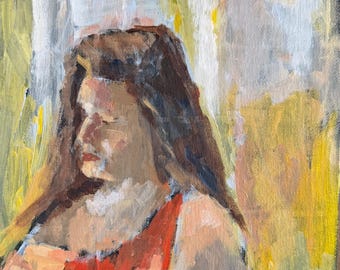 May include: An oil painting on canvas depicting a person with long brown hair in profile, wearing a bright red garment. The background features abstract vertical brushstrokes in shades of yellow, white, and light green, with a signature in the corner.