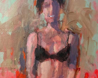 May include: An oil painting on canvas depicting a figure wearing a dark bra and dark bottoms. The artwork features expressive, visible brushstrokes in shades of red, mint green, brown, and purple, creating a textured and abstract appearance.