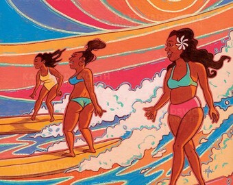 Queens (8x10" Matted Art Print) Waikiki Surfer Girls, Hawaii, Surf Art