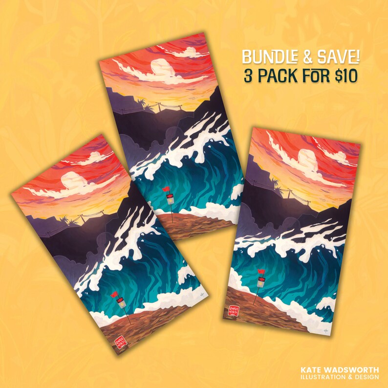 May include: Three colorful illustrations of a wave crashing on a beach at sunset. The illustrations are printed on white card stock and are available as a 3-pack for $10.  "Bundle & Save! 3 Pack for $10" is printed at the top of the image.  "Kate Wadsworth Illustration & Design" is printed at the bottom of the image.