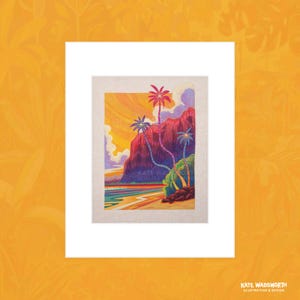 May include: A colorful illustration of a tropical scene with palm trees and a red mountain in the background. The sky is a vibrant orange and yellow, and the water is a deep blue. The image is painted in a stylized, almost cartoonish style.