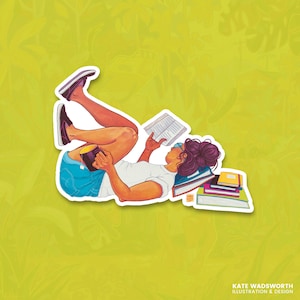 Boekenwurm, lezend meisje vinylsticker 3,5"
