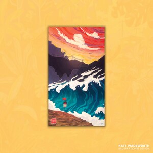 May include: A digital illustration of a sunset over a rocky coastline with a large wave crashing on the shore. The sky is a vibrant red and orange, with clouds in the distance. The wave is a deep blue and green, with white foam cresting at the top. A small red flag is visible on the shore.