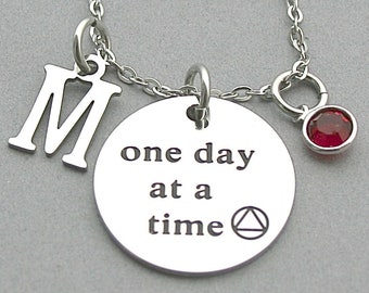 One Day At A Time Necklace, Sobriety Stainless Steel Charm Necklace,  Sobriety jewelry, Stainless Steel Initial, You Can, Motivational