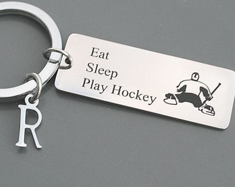 Goalie Hockey Key Chain , Personalize , Initial, Jersey Number, , Stainless Steel ,  Hockey Goalie Gift, Parent Gift , Eat Sleep Play Hockey